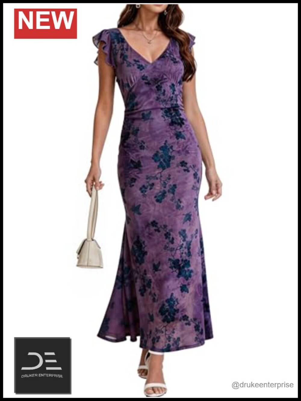 Women's Sleeveless V Neck Floral Mesh Ruched Bodycon Mermaid Maxi Dress